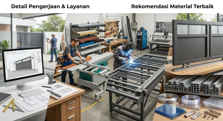 pintu gerbang kustom, mulai dari desain digital dan perencanaan di studio, hingga pemotongan profil logam, pengelasan kerangka gerbang di pabrik, dan menampilkan material mentah (akrilik dan aluminium) di samping produk jadi gerbang geser.