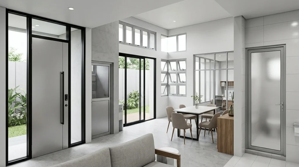 Desain interior rumah dan kantor menggunakan material kusen aluminium untuk pintu utama, jendela minimalis, sekat partisi ruangan, dan pintu kamar mandi yang tahan air serta anti-karat.