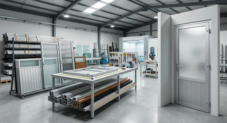 uasana bengkel fabrikasi aluminium Kreasindo, menampilkan stok profil, contoh pintu kaca buram, serta meja kerja dengan peralatan presisi untuk pembuatan pintu dan kusen