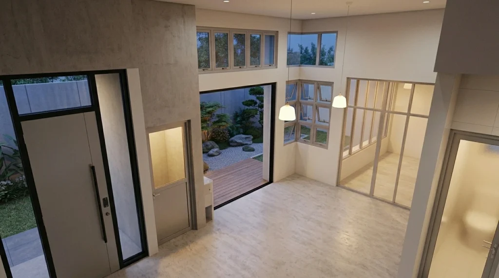 Desain interior rumah minimalis modern yang menampilkan pintu utama abu-abu, pintu geser kaca rangka hitam menuju taman, dan pintu kamar mandi dengan frosted glass.