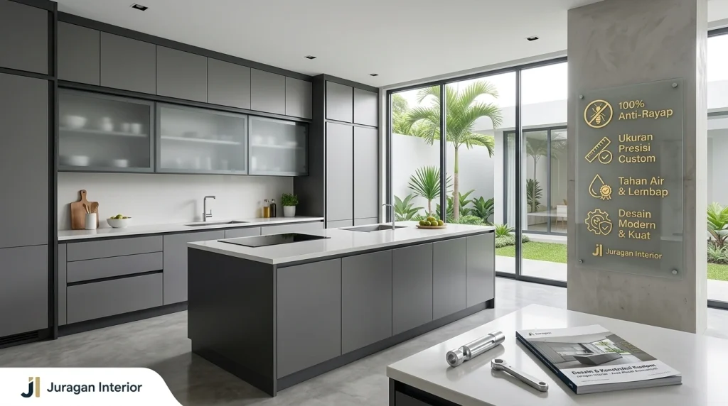 Dapur alumunium custom dengan desain minimalis dan fungsional dari Juragan Interior, menampilkan material tahan rayap dan tahan air.