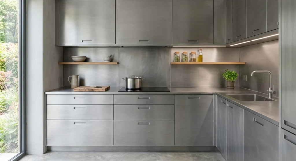 Dapur minimalis modern dengan lemari dan peralatan stainless steel yang mengkilap, menciptakan kesan bersih dan industrial.