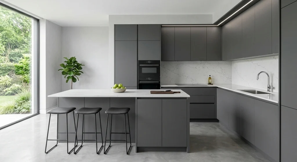 Tampilan kabinet dapur atas dan bawah yang dipasang presisi tanpa celah, dipadukan dengan permukaan countertop putih yang bersih dan higienis.