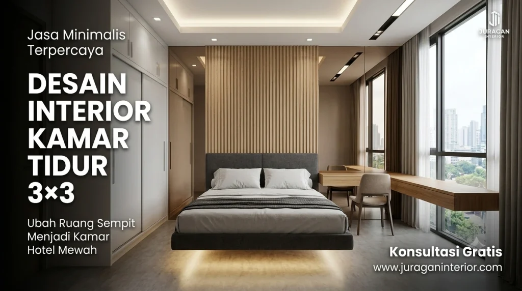 Desain interior kamar tidur minimalis ukuran 3x3 meter dengan floating bed, panel kisi-kisi kayu modern, dan lemari pakaian kustom oleh Juragan Interior.
