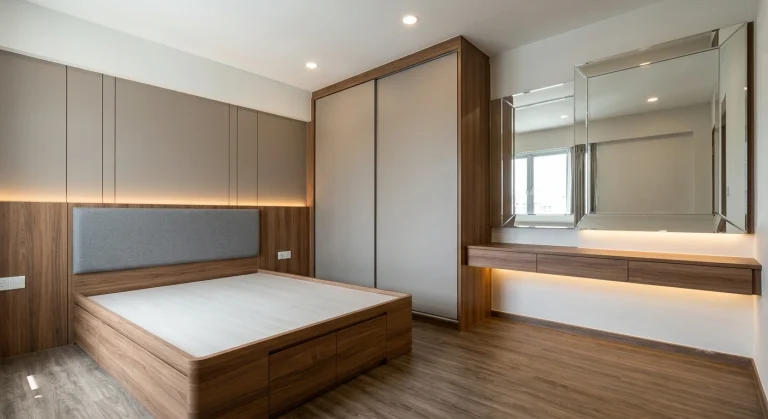 Desain interior kamar tidur utama minimalis modern yang menampilkan furnitur kustom dengan finishing HPL motif kayu dan abu-abu. Terlihat dipan tempat tidur dengan laci penyimpanan di bawahnya, lemari pakaian pintu geser setinggi plafon, dan meja rias gantung dengan cermin besar, semuanya dilengkapi pencahayaan LED warm white yang memberikan kesan hangat.