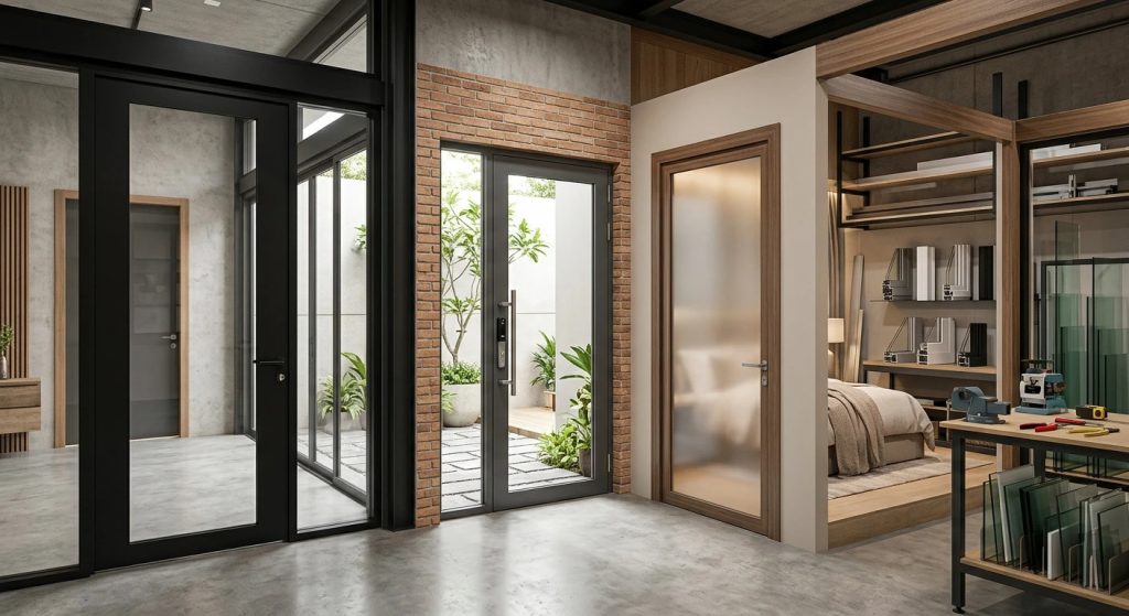 Sebuah gambar foto interior workshop dan showroom pintu aluminium custom. Di sisi kiri, terdapat pintu aluminium bingkai hitam tinggi dengan kaca besar. Di tengah, pintu aluminium abu-abu gelap terpasang di dinding bata, mengarah ke teras luar. Di sisi kanan, terdapat area kerja dengan meja kerja Tampilan interior sebuah workshop fabrikasi pintu aluminium custom di Indonesia, menampilkan berbagai jenis pintu dengan bingkai aluminium hitam, abu-abu, dan kayu, terpasang di dinding beton dan bata. Terlihat juga area kerja dengan peralatan, sampel bahan, dan kaca.