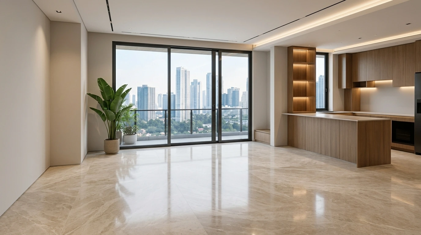 Desain interior rumah minimalis modern kosong yang lapang dengan lantai marmer glossy, area dapur bersih bermaterial custom furniture kayu, serta jendela kaca besar yang menghadap pemandangan gedung urban kota.