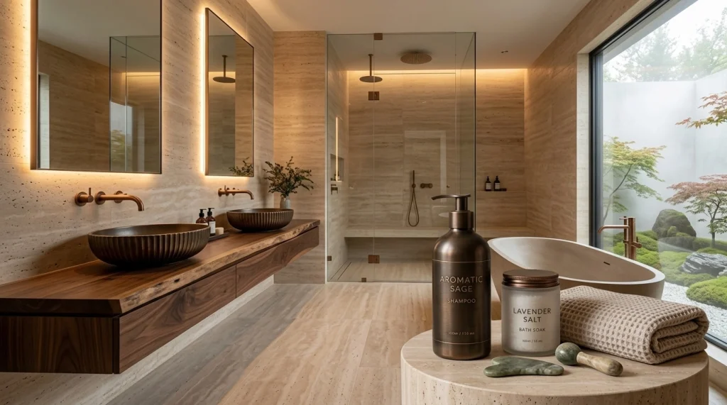 Desain kamar mandi kontemporer modern dengan pencahayaan hangat, wastafel ganda perunggu, bak mandi berdiri bebas, dan pemandangan taman Zen Jepang.
