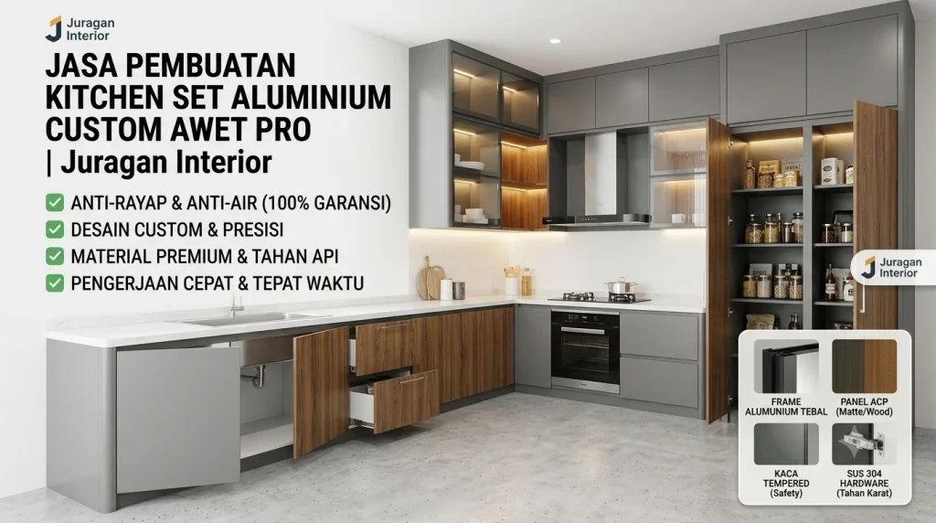 jasa pembuatan kitchen set aluminium custom anti-rayap dan tahan air dari Juragan Interior. Gambar menampilkan desain dapur minimalis elegan dengan pencahayaan LED terintegrasi dan material berkualitas premium.