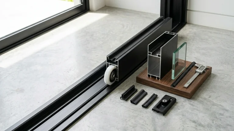 Sistem track rel atas dan roda nilon berkualitas tinggi pada pintu geser aluminium untuk memastikan pergerakan pintu yang senyap dan lancar.