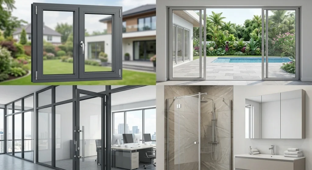 Kombinasi penggunaan material aluminium premium untuk jendela rumah, pintu geser taman, partisi ruangan kantor, dan interior kamar mandi modern.