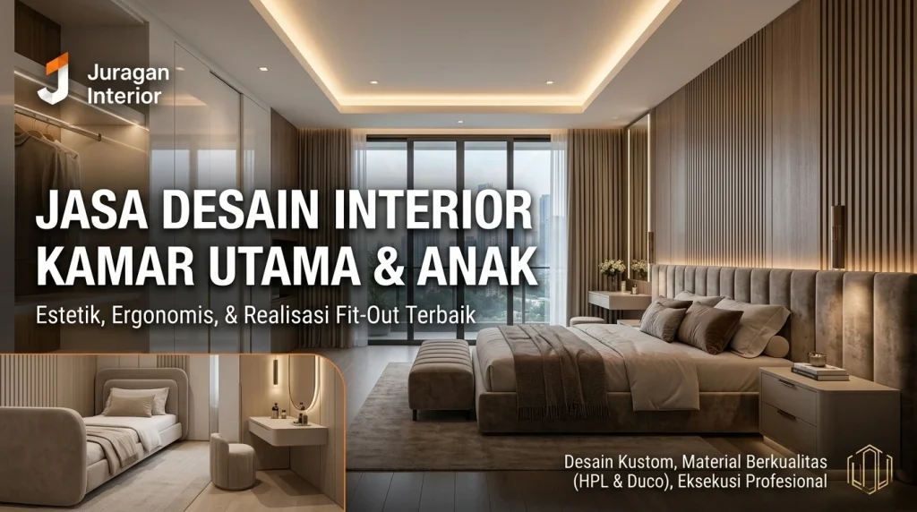 Jasa desain interior kamar tidur utama dan kamar anak dengan backdrop kisi-kisi kayu, pencahayaan drop ceiling, serta furnitur kustom HPL dan Duco dari Juragan Interior.
