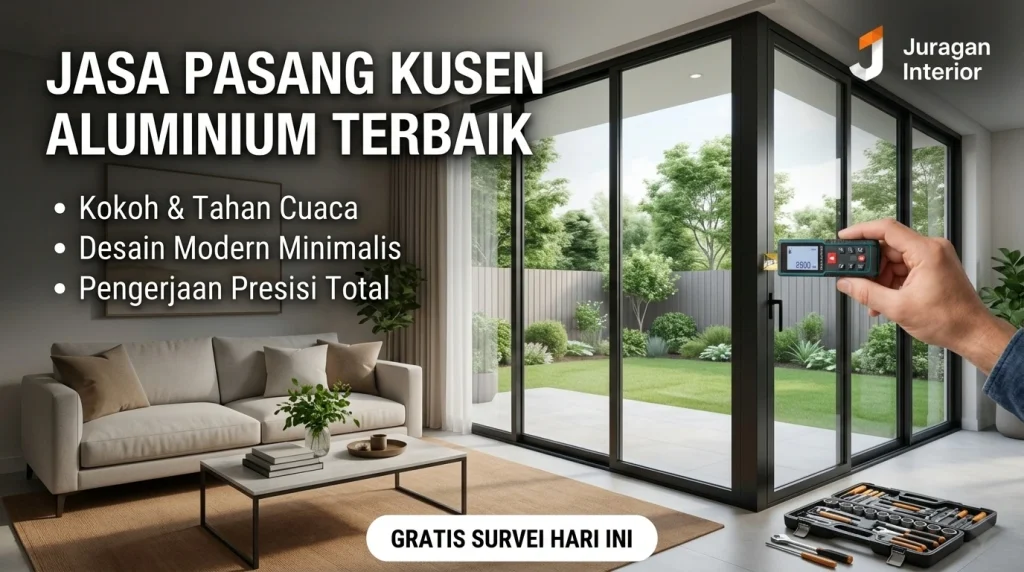 Jasa pasang kusen aluminium terbaik di Jakarta. Pintu kaca aluminium minimalis dengan pemandangan taman. Kokoh, tahan cuaca, dan pengerjaan presisi.