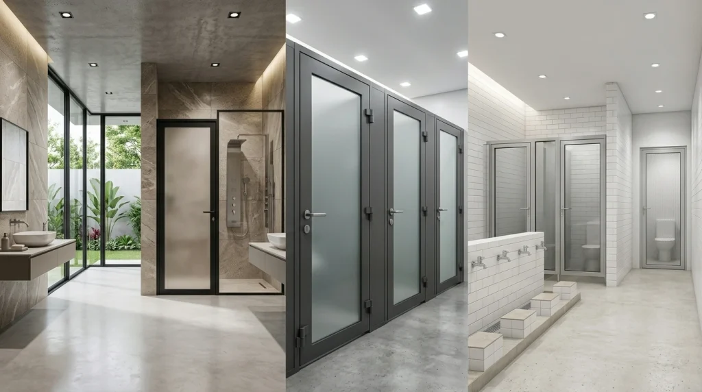 Kolase tiga area aplikasi pintu kamar mandi aluminium kustom: kamar mandi rumah minimalis modern, deretan pintu toilet umum perkantoran, dan area tempat wudhu bersih yang tahan air serta bebas lapuk.