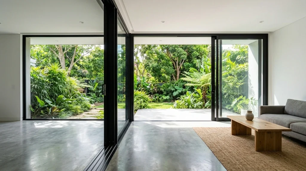 Desain pintu geser aluminium modern dengan kaca besar yang memaksimalkan pencahayaan alami dari taman masuk ke dalam ruang keluarga.