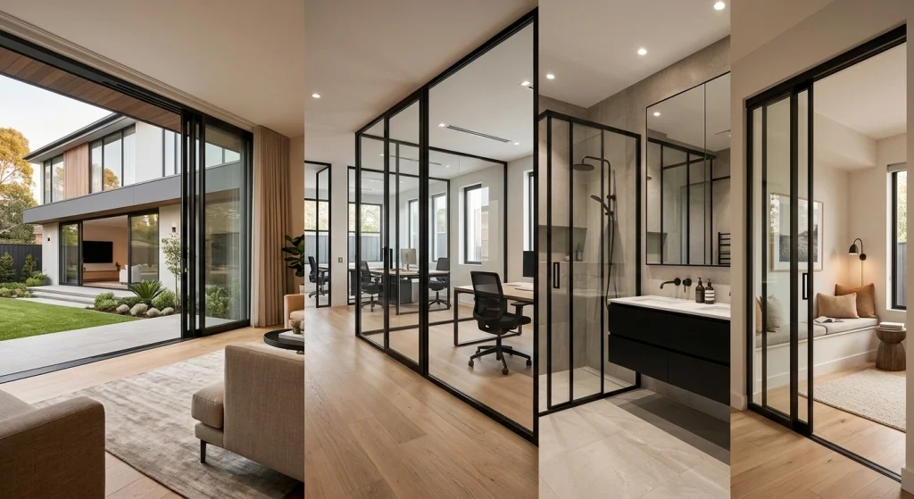 Variasi desain interior rumah menggunakan bingkai aluminium hitam minimalis pada area ruang tamu, ruang kerja, area basah, dan sekat kamar tidur.
