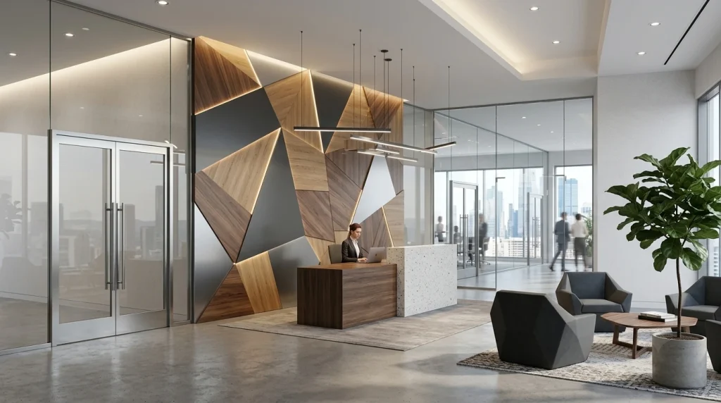 Desain area resepsionis dan lobi utama kantor modern yang mewah menggunakan backdrop ACP dekoratif motif kayu geometris yang dipadukan secara presisi dengan partisi kaca transparan.