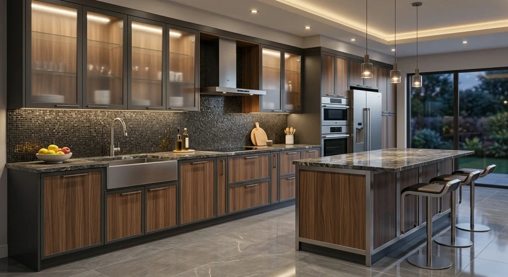 Kitchen set aluminium modern dengan kombinasi panel ACP motif kayu, pintu kaca frosted, dan meja island granit di dapur minimalis mewah.
