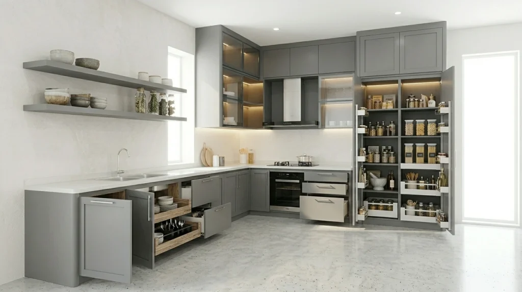 Kitchen set aluminium custom modern berwarna abu-abu matte dengan desain kabinet minimalis.