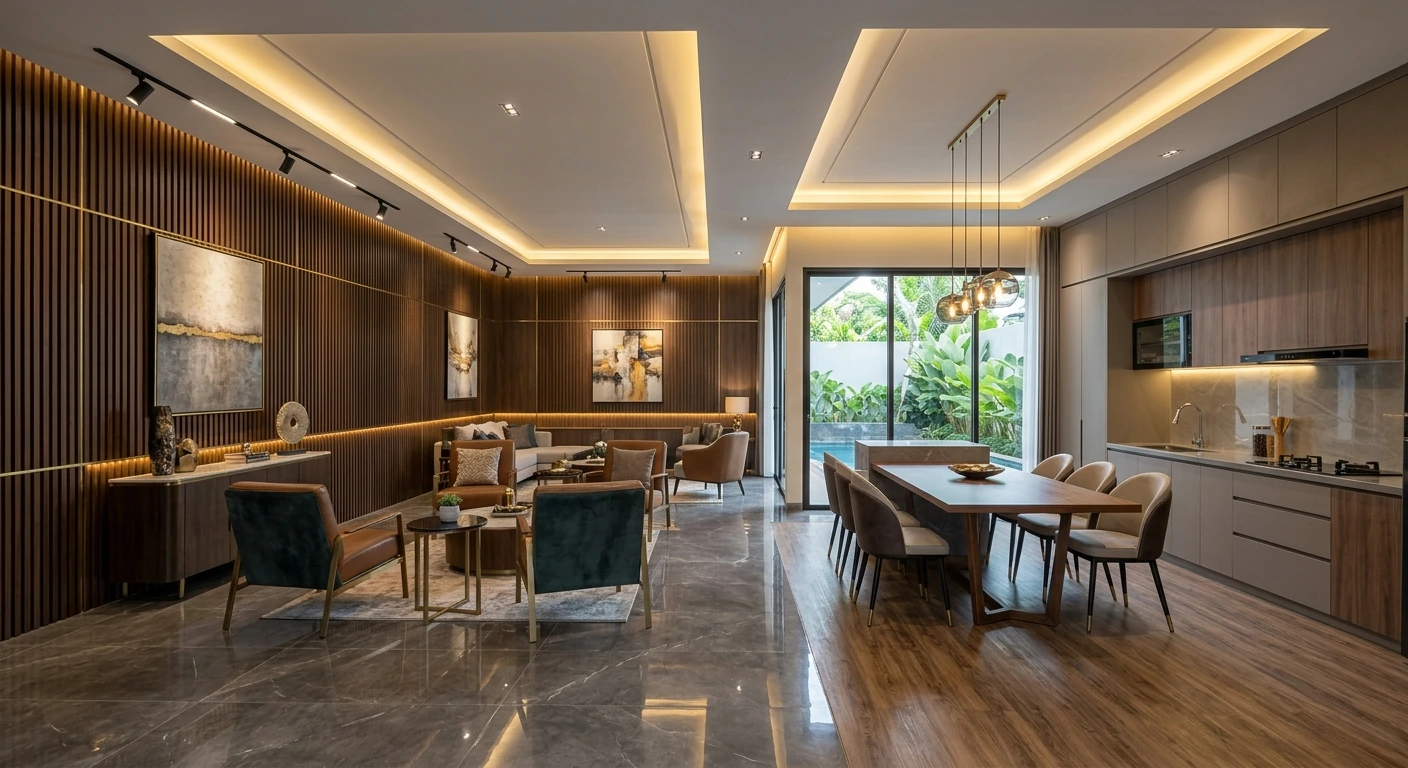 Desain interior modern yang menampilkan kombinasi lantai marmer glossy dan vinyl kayu, dinding panel kisi-kisi kayu (fluted wall panel) dengan lampu LED tersembunyi, plafon drop ceiling dengan indirect lighting, serta area dapur bersih (clean kitchen) dengan countertop ergonomis.