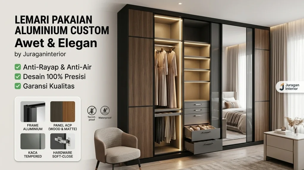 Lemari pakaian aluminium custom awet dan elegan buatan Juragan Interior dengan fitur anti rayap, desain presisi 100%, dan garansi kualitas.