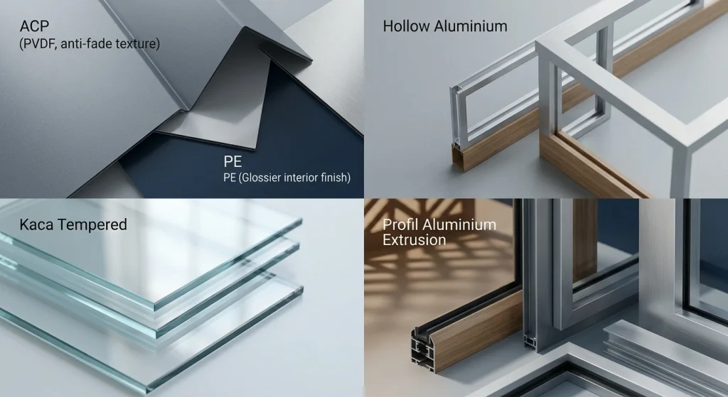 Panel kiri atas menunjukkan sampel material ACP PVDF eksterior abu-abu buram (anti-pudar) yang ditekuk, berdekatan dengan sampel ACP PE interior biru mengkilap (glossy). Panel kanan atas memperlihatkan detail perakitan rangka Hollow Aluminium dengan bingkai kayu estetis. Panel kiri bawah menunjukkan tumpukan presisi Kaca Tempered bening yang tebal. Panel kanan bawah menampilkan profil Aluminium Extrusion abu-abu metalik sebagai bingkai partisi modern, dengan latar belakang bayangan geometris.