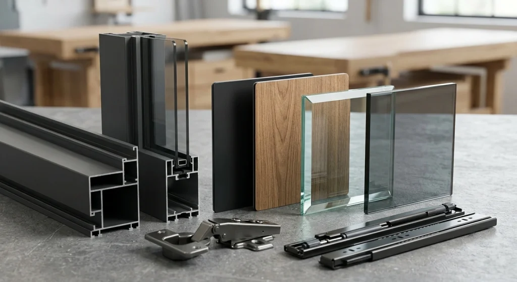 Berbagai bahan berkualitas tinggi yang digunakan untuk membuat lemari premium: rangka aluminium ekstrusi, panel ACP dengan variasi warna solid dan motif kayu, serta contoh kaca tempered dan cermin bevel.