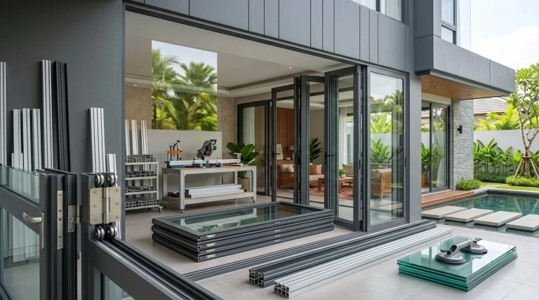 Area pengerjaan kustom pintu lipat aluminium dengan meja potong presisi, material kaca tempered, dan rangka aluminium di teras rumah belakang.