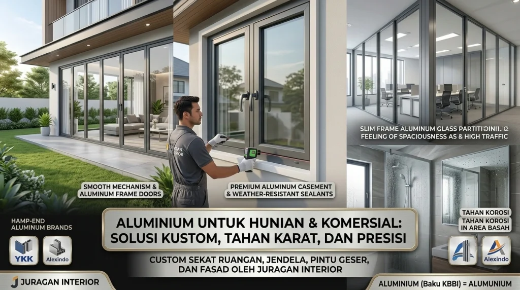 Infografis perbedaan alumunium dan aluminium untuk kusen jendela, pintu geser, dan sekat ruangan custom oleh Juragan Interior.