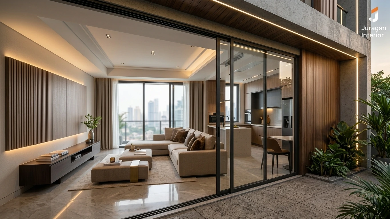 Perbedaan ruang interior modern dan eksterior rumah minimalis tropis yang dipisahkan oleh pintu kaca geser besar.