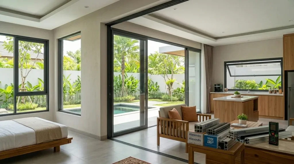 Kombinasi pintu dan jendela aluminium minimalis berwarna hitam yang menghubungkan ruang terbuka ramah sirkulasi udara dengan halaman belakang, menciptakan kesan ruangan yang luas dan tidak sumpek.