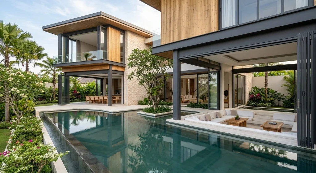 Desain pintu lipat aluminium hitam minimalis dengan bukaan multi-panel pada fasad rumah mewah bertingkat.
