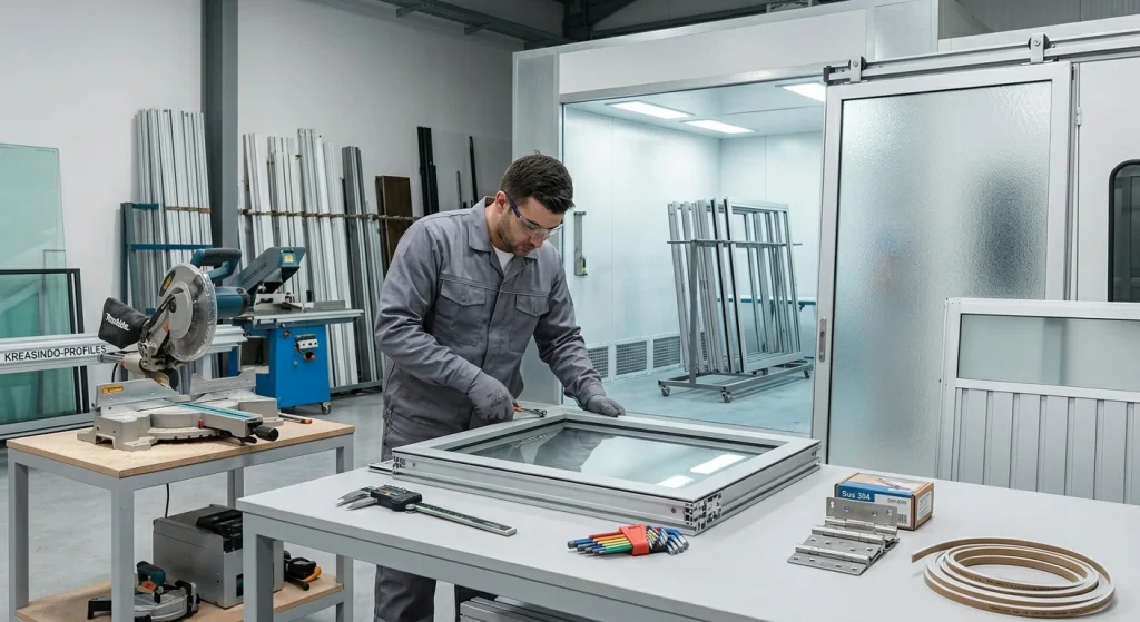 Teknisi sedang merakit bingkai aluminium dengan kaca di workshop, dikelilingi material profil aluminium, aksesoris engsel stainless steel Sus 304, dan pintu sliding kaca buram.