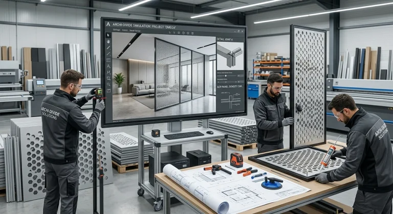 Proses pengerjaan profesional di workshop interior, menampilkan simulasi desain 3D sekat ruangan pada layar besar, cetak biru cetakan, dan teknisi yang sedang memfabrikasi panel ACP laser cutting dengan presisi tinggi.