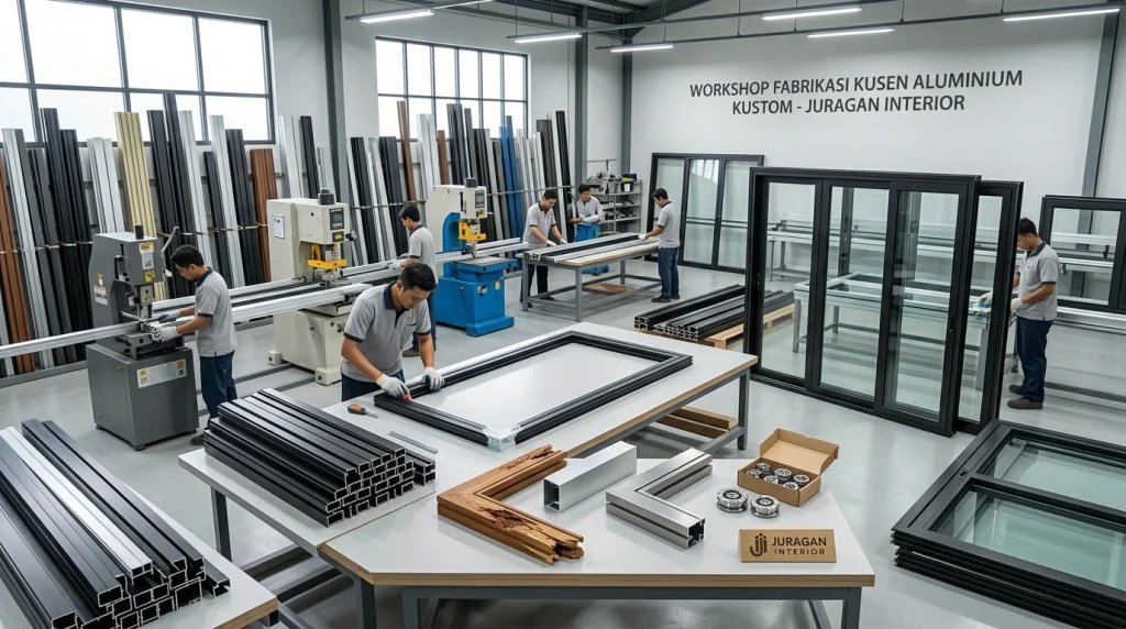 Suasana workshop fabrikasi Juragan Interior tempat pembuatan pintu sliding aluminium custom.