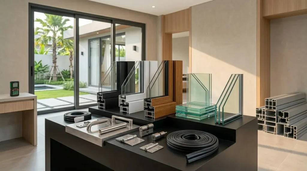 isplay sampel material premium untuk jendela aluminium minimalis, menampilkan potongan profil warna hitam, putih, dan serat kayu, lapisan kaca tempered tebal, engsel stainless steel, serta gulungan karet sealant EPDM