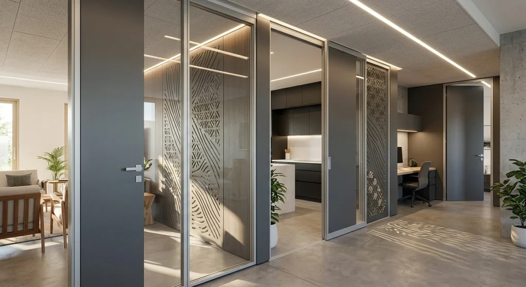 Sekat ruangan modern menggunakan Aluminium Composite Panel (ACP) abu-abu dengan motif laser cutting estetis, dikombinasikan dengan pintu aluminium dan kaca untuk pembatas ruang tamu, kantor, dan dapur.