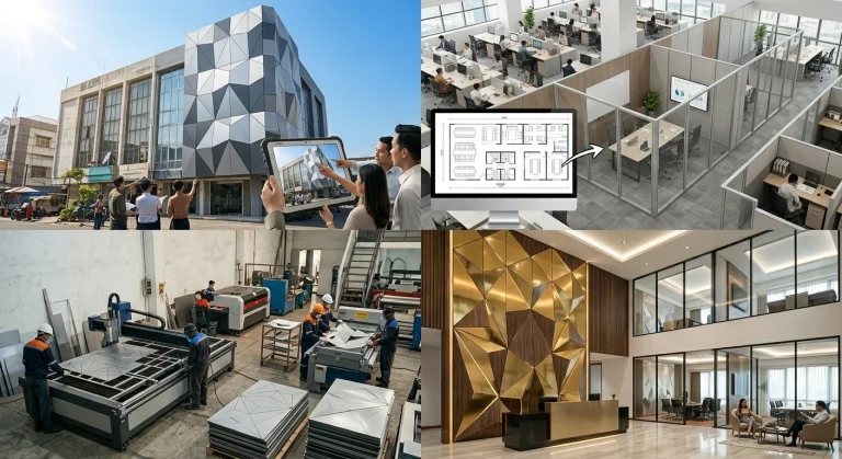 Panel kiri atas menunjukkan tim arsitek melakukan survei lapangan dan diskusi desain di depan gedung berfasad geometris. Panel kanan atas menampilkan tampilan denah layout kantor 3D di monitor komputer yang terhubung ke area kerja open-space. Panel kiri bawah memperlihatkan proses fabrikasi di workshop, di mana pekerja mengoperasikan mesin CNC untuk memotong panel logam. Panel kanan bawah menunjukkan hasil akhir instalasi lobi mewah yang luas, lengkap dengan dinding dekoratif geometris berwarna emas dan kayu, resepsionis, dan partisi kaca kantor."
