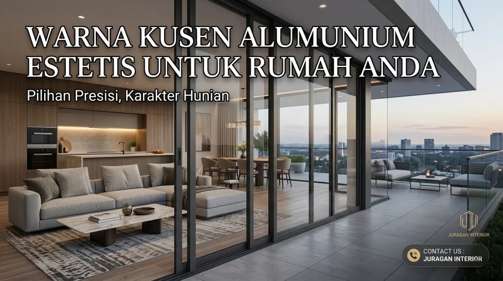 Pilihan warna kusen alumunium estetis dan minimalis pada pintu geser kaca ruang tamu modern hasil pengerjaan Juragan Interior.