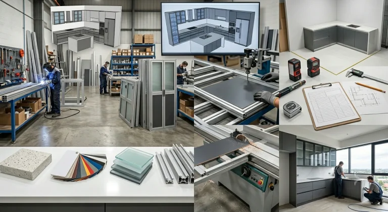 Alur kerja profesional pembuatan furnitur aluminium meliputi survei lokasi dengan blueprint, perakitan rangka modular, aplikasi sealant kedap air, dan pemasangan kabinet dapur minimalis modern.
