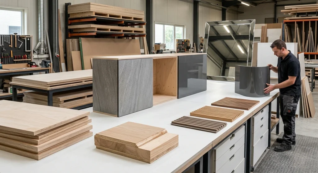 Seorang tukang kayu sedang merakit rumah minimalis modern dengan konsep open-plan layout