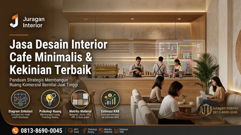 Desain interior cafe minimalis modern yang instagramable, menampilkan area tempat duduk yang nyaman dan bar kopi yang estetis.