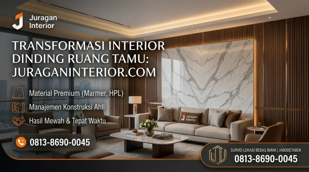 Desain interior dinding ruang tamu mewah modern dengan kombinasi backdrop marmer Statuario bookmatch dan fluted wall panel kayu buatan Juraganinterior.