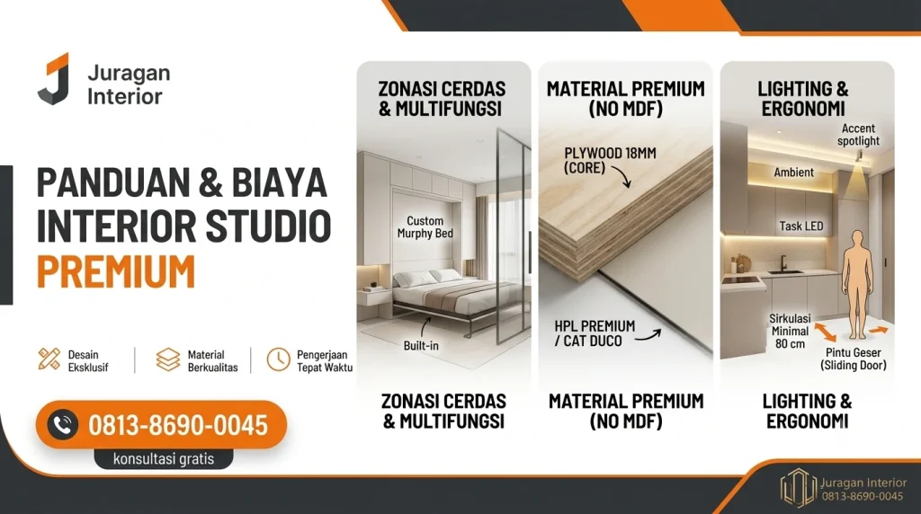 Desain interior apartemen studio minimalis modern dengan Murphy bed, custom furniture plywood premium, dan simulasi biaya interior dari Juragan Interior.
