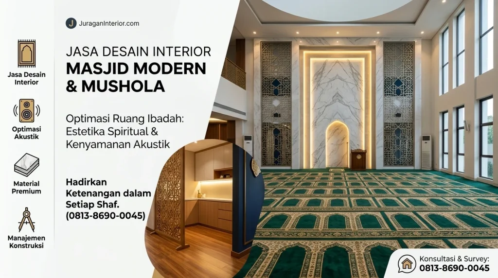 Jasa desain interior masjid modern dan mushola oleh Juragan Interior, menampilkan desain mihrab marmer mewah, karpet hijau, dan konsep mushola minimalis.
