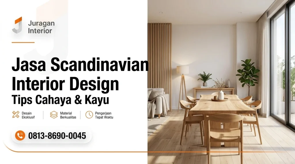 Jasa Scandinavian Interior Design di Indonesia, menampilkan ruang makan gaya Skandinavia yang terang dengan perabotan kayu terang, jendela besar dengan cahaya alami, lantai kayu, dan elemen hijau. Teks pada gambar: Jasa Scandinavian Interior Design: Tips Cahaya & Kayu. Logo Juragan Interior dan kontak telepon juga terlihat.