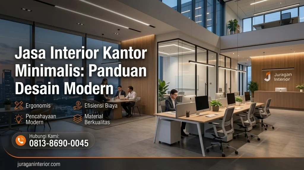 kantor minimalis modern Juragan Interior dengan area kerja open-plan, ruang rapat kaca, dan area resepsionis berpanel kayu, menampilkan teks overlay panduan desain kantor yang komprehensif.