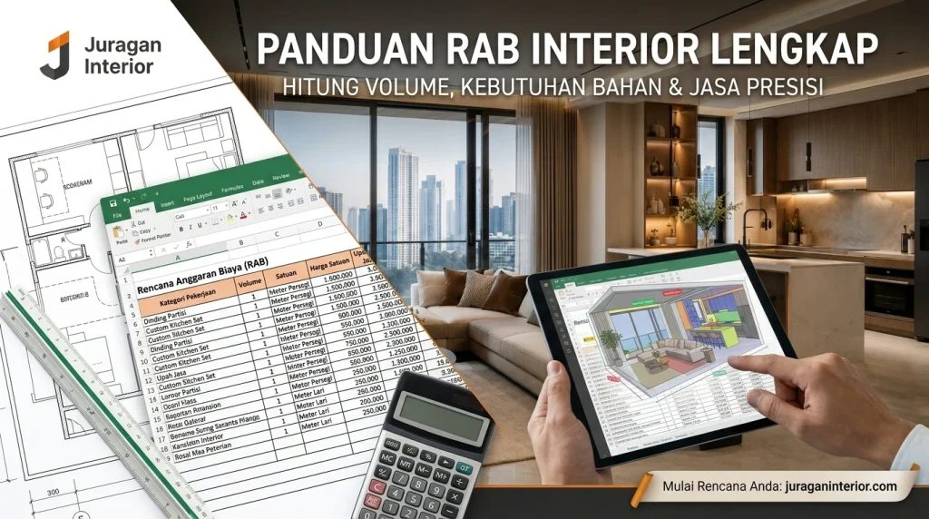 Panduan menyusun RAB interior lengkap beserta tabel estimasi biaya, kalkulator, blueprint denah ruangan, dan tablet desain dari Juragan Interior